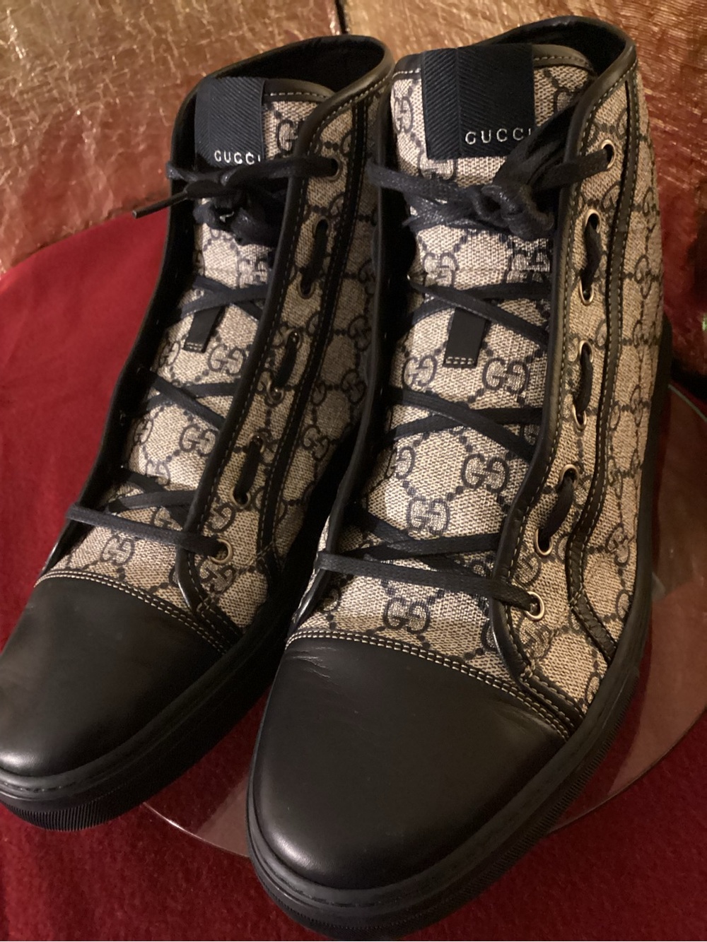 Gucci Black and Beige High-Top Monogram Sneakers